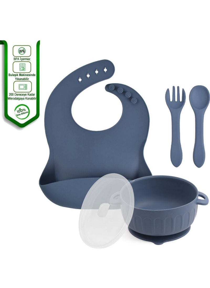 Jojobebek - Silicone Feeding Set Food Plate, Bowl, Pipette, Pacifier Case, Fork and Spoon, Cup/dark blue - Image 1