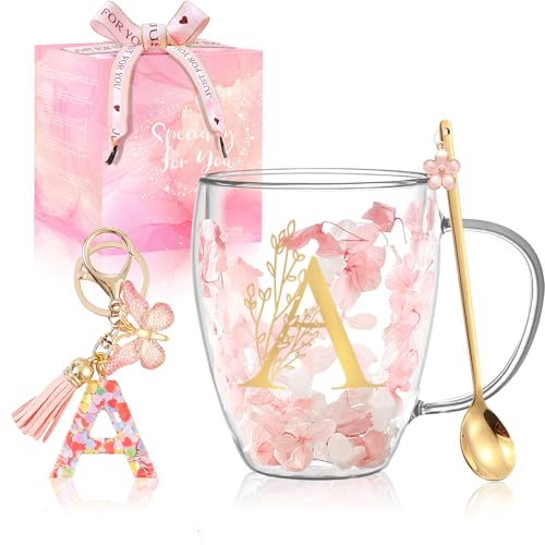 BigNoseDeer Personalized Gifts for Women Cute Monogrammed Double Wall Glass Coffee Mug Tea Cup with Spoon Customized Birthday Valentine Mothers Day Christmas Gift for Mom Wife Friends Sister CoworkerLetter A - Image 1