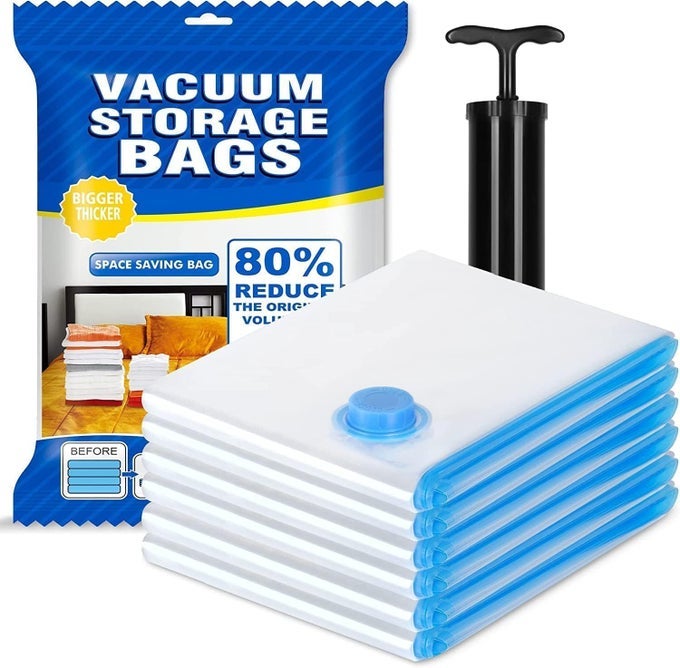 REUSABLE VACUUM BAGS FOR STORAGE ZIPLOCK VACUUM STORAGE SPACE SAVER BAGS FOR CLOTHES BEDDING PILLOWS COMFORTERS PACK OF 51 LARGE2 MEDIUM2 SMALL 1 HAND PUMP