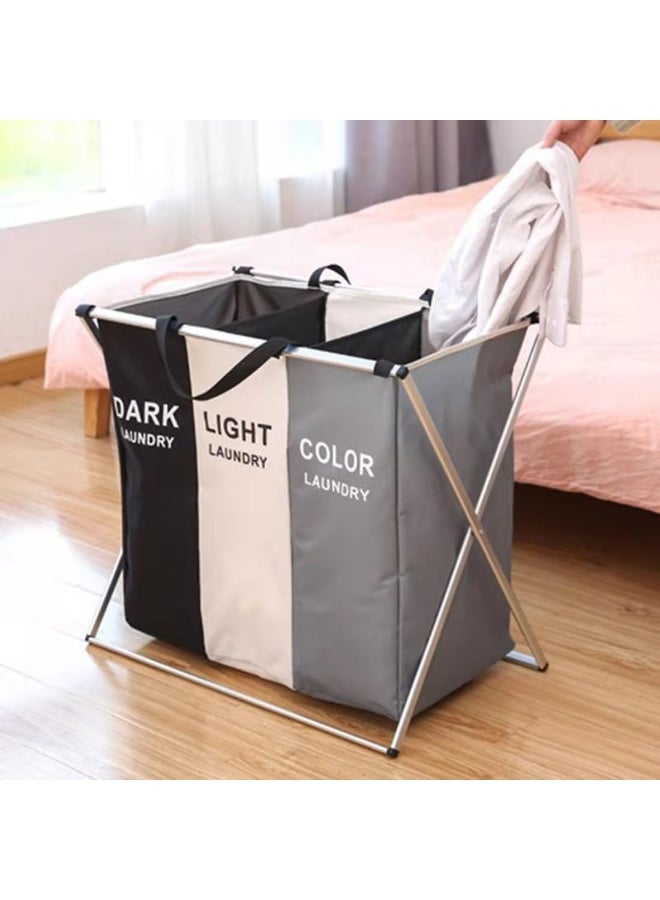 سلة غسيل كبيرة قابلة للطي مع 3 أقسام ومقبض للحمام وغرفة النوم والمنزل - Image 3