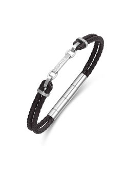 CERRUTI 1881 Sandro Black Leather Bracelet with Stainless Steel Link Motif for Men  - Image 2