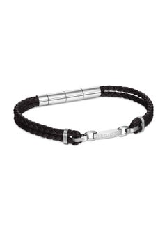 CERRUTI 1881 Sandro Black Leather Bracelet with Stainless Steel Link Motif for Men  - Image 1
