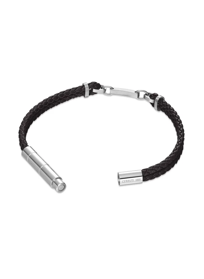 CERRUTI 1881 Sandro Black Leather Bracelet with Stainless Steel Link Motif for Men