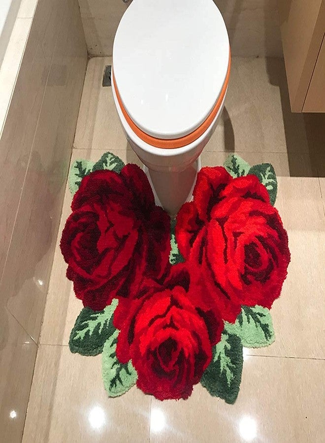 ABREEZE Rose Rug Toilet Mat Shaggy Rug Red Floral Mat Non-Slip Modern Carpet Washable Floor Mats for Bedroom/Sofa/Bathroom (3 Roses in Bloom, Red) - Image 3