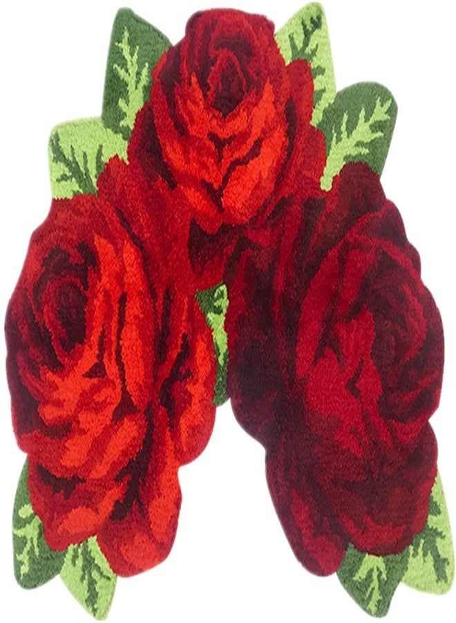 ABREEZE Rose Rug Toilet Mat Shaggy Rug Red Floral Mat Non-Slip Modern Carpet Washable Floor Mats for Bedroom/Sofa/Bathroom (3 Roses in Bloom, Red) - Image 1