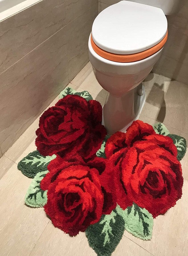 ABREEZE Rose Rug Toilet Mat Shaggy Rug Red Floral Mat Non-Slip Modern Carpet Washable Floor Mats for Bedroom/Sofa/Bathroom (3 Roses in Bloom, Red) - Image 2