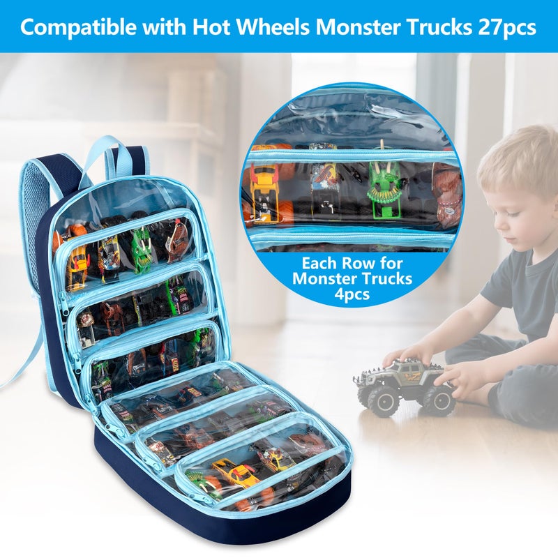 LoDrid Toy Cars Storage Compatible with Hot Wheels Monster Trucks up to 27pcs, Travel Truck Carrying Case for 1:64 Scale Toy Cars with 6 Clear Pockets and Front Pocket, Blue (Bag only) - Image 4