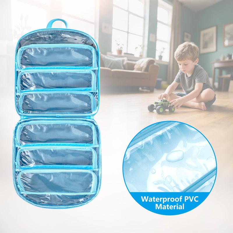 LoDrid Toy Cars Storage Compatible with Hot Wheels Monster Trucks up to 27pcs, Travel Truck Carrying Case for 1:64 Scale Toy Cars with 6 Clear Pockets and Front Pocket, Blue (Bag only) - Image 3