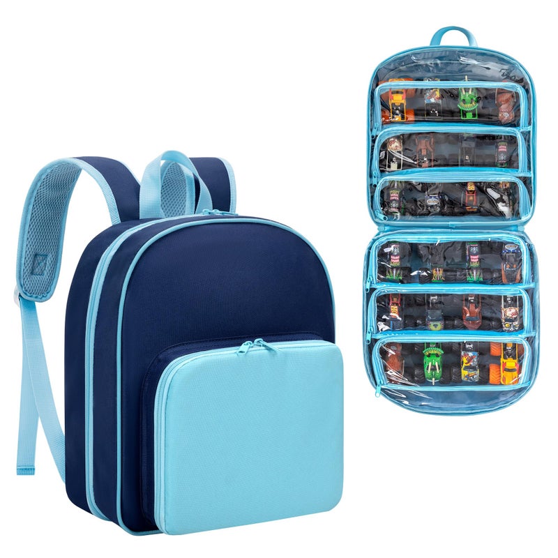 LoDrid Toy Cars Storage Compatible with Hot Wheels Monster Trucks up to 27pcs, Travel Truck Carrying Case for 1:64 Scale Toy Cars with 6 Clear Pockets and Front Pocket, Blue (Bag only) - Image 1