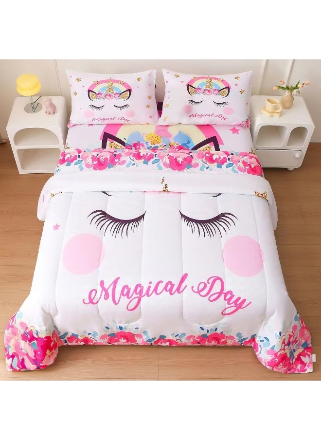 Generic Namoxpa Cute Flower Unicorn Kids Bedding White Pink Golden Ears Unicorn 3 Pieces Bedding Comforter Sets Gifts for Teens and Girls, Twin Size  - Image 2