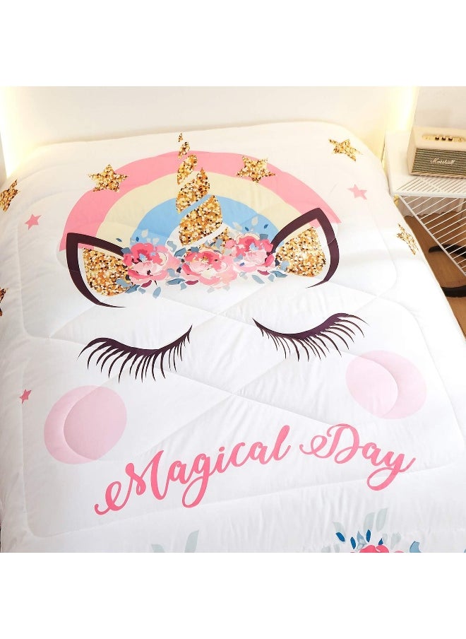 Generic Namoxpa Cute Flower Unicorn Kids Bedding White Pink Golden Ears Unicorn 3 Pieces Bedding Comforter Sets Gifts for Teens and Girls, Twin Size  - Image 4