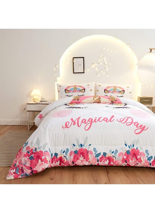 Generic Namoxpa Cute Flower Unicorn Kids Bedding White Pink Golden Ears Unicorn 3 Pieces Bedding Comforter Sets Gifts for Teens and Girls, Twin Size  - Image 3