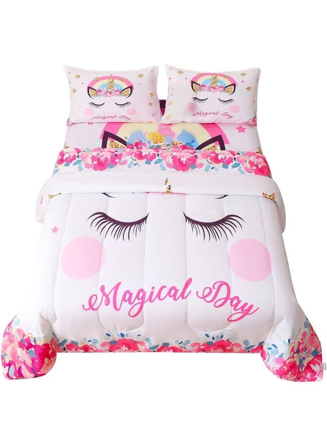 Generic Namoxpa Cute Flower Unicorn Kids Bedding White Pink Golden Ears Unicorn 3 Pieces Bedding Comforter Sets Gifts for Teens and Girls, Twin Size  - Image 1