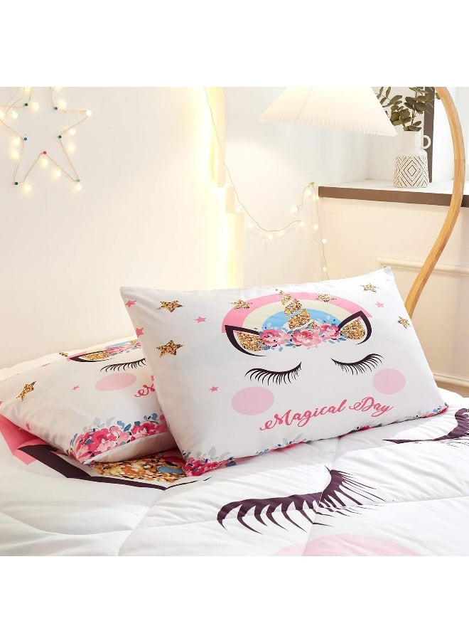 Generic Namoxpa Cute Flower Unicorn Kids Bedding White Pink Golden Ears Unicorn 3 Pieces Bedding Comforter Sets Gifts for Teens and Girls, Twin Size  - Image 5