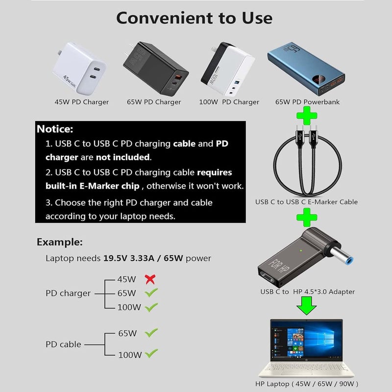 إكسفور محول USB C إلى 4.5 مم، محول شحن الكمبيوتر المحمول من نوع C أنثى إلى ذكر DC قابس برميل ذكر، محول طاقة 100 واط PD لشاحن طرفي لـ Probook Notebook Elitebook - Image 4