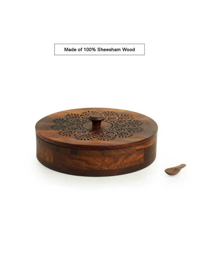 Exclusivelane 'The Dancing Peacock' Hand Carved Wooden Spice Box Set For Kitchen With Spoon (Sheesham Wood,7 Partitions,120 Ml Each) - Masala Dabba Wooden Masala Spice Box Masala Box - Black - Image 3