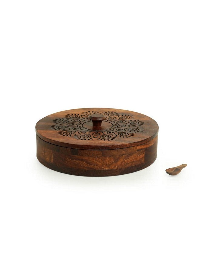 Exclusivelane 'The Dancing Peacock' Hand Carved Wooden Spice Box Set For Kitchen With Spoon (Sheesham Wood,7 Partitions,120 Ml Each) - Masala Dabba Wooden Masala Spice Box Masala Box - Black - Image 2