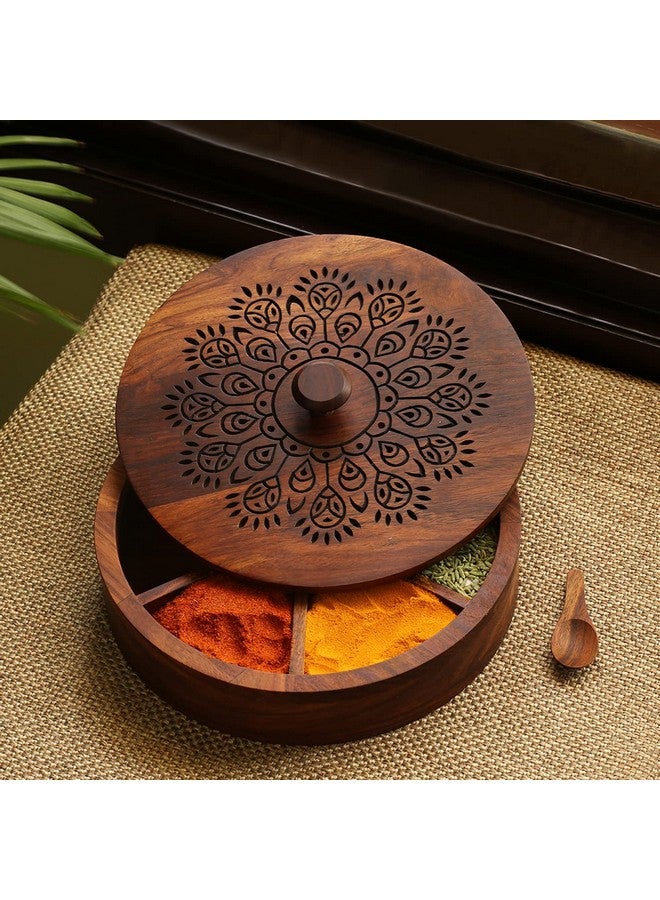 Exclusivelane 'The Dancing Peacock' Hand Carved Wooden Spice Box Set For Kitchen With Spoon (Sheesham Wood,7 Partitions,120 Ml Each) - Masala Dabba Wooden Masala Spice Box Masala Box - Black - Image 1