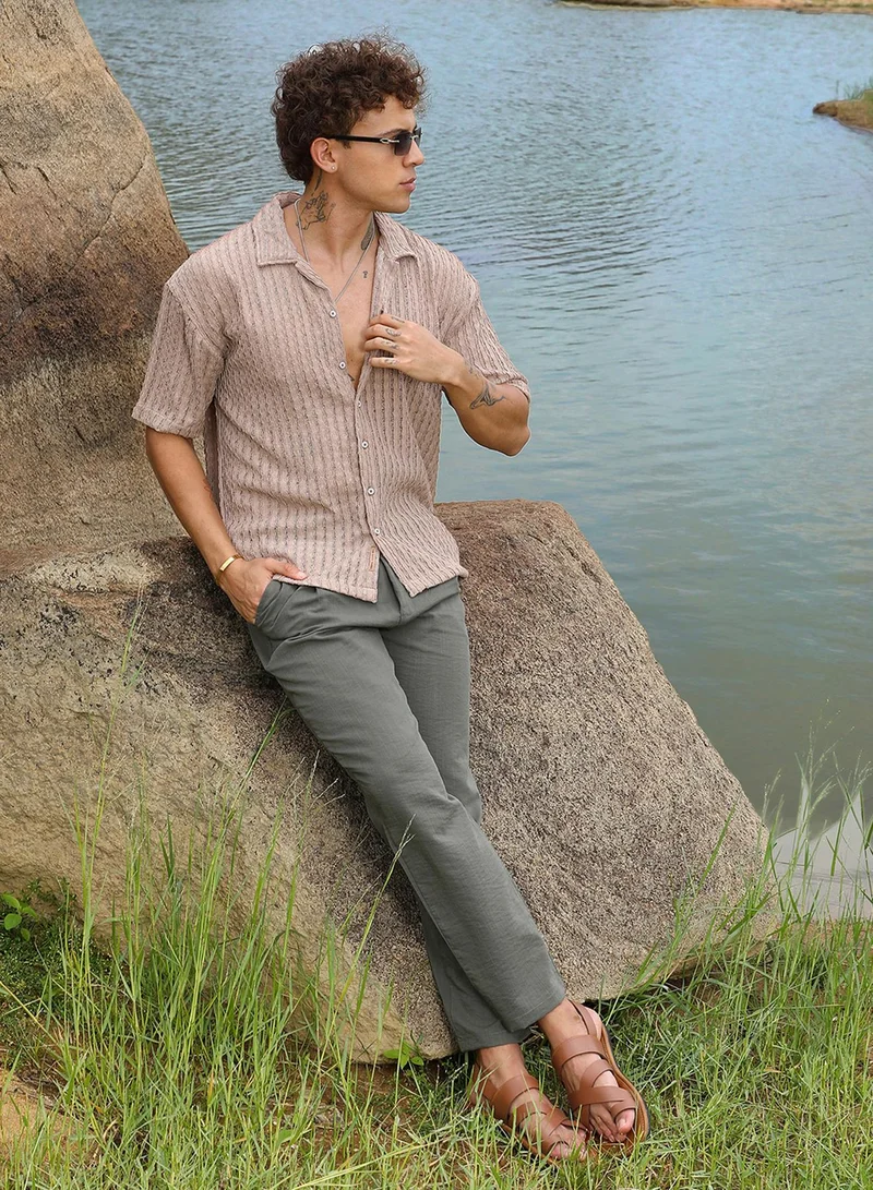 Campus Sutra Campus Sutra Men's Peanut Brown Striped Knit Oversized Shirt For Casual Wear | Cuban Collar | Short Sleeve | Button Closure | Oversized Shirt Crafted With Comfort Fit For Everyday Wear