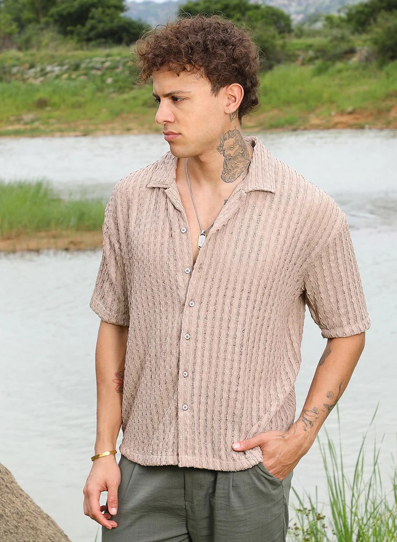 Campus Sutra Campus Sutra Men's Peanut Brown Striped Knit Oversized Shirt For Casual Wear | Cuban Collar | Short Sleeve | Button Closure | Oversized Shirt Crafted With Comfort Fit For Everyday Wear