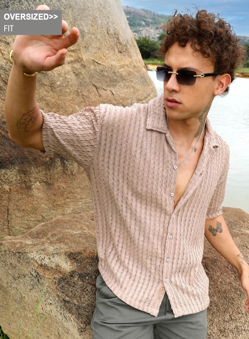 Campus Sutra Campus Sutra Men's Peanut Brown Striped Knit Oversized Shirt For Casual Wear | Cuban Collar | Short Sleeve | Button Closure | Oversized Shirt Crafted With Comfort Fit For Everyday Wear