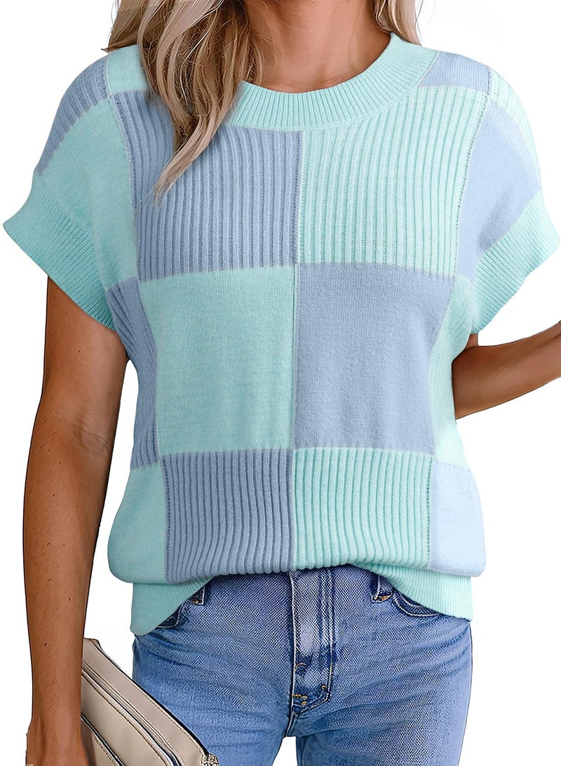 EVALESS Sweater Vest Women Round Neck Short Sleeve Color Block Checkered Knit Tops Lightweight Sweaters Womens Work Casual Teacher Trendy Clothes 2026 Fall Outfits Blue Medium - Image 1