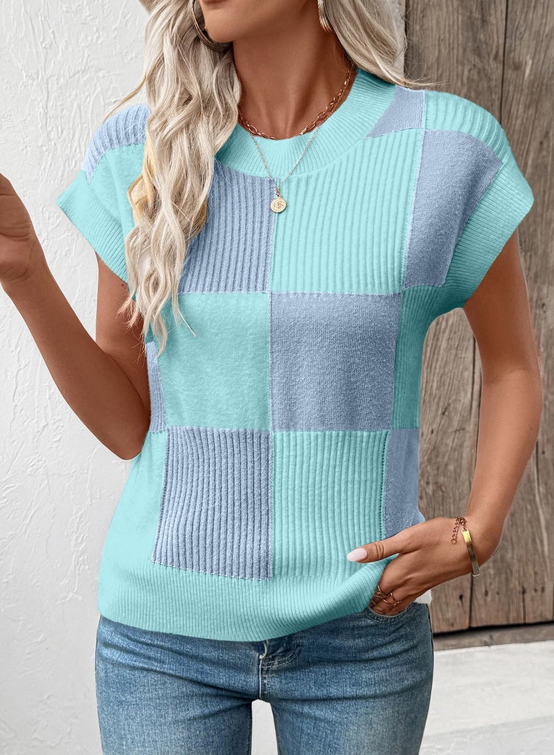 EVALESS Sweater Vest Women Round Neck Short Sleeve Color Block Checkered Knit Tops Lightweight Sweaters Womens Work Casual Teacher Trendy Clothes 2026 Fall Outfits Blue Medium - Image 2
