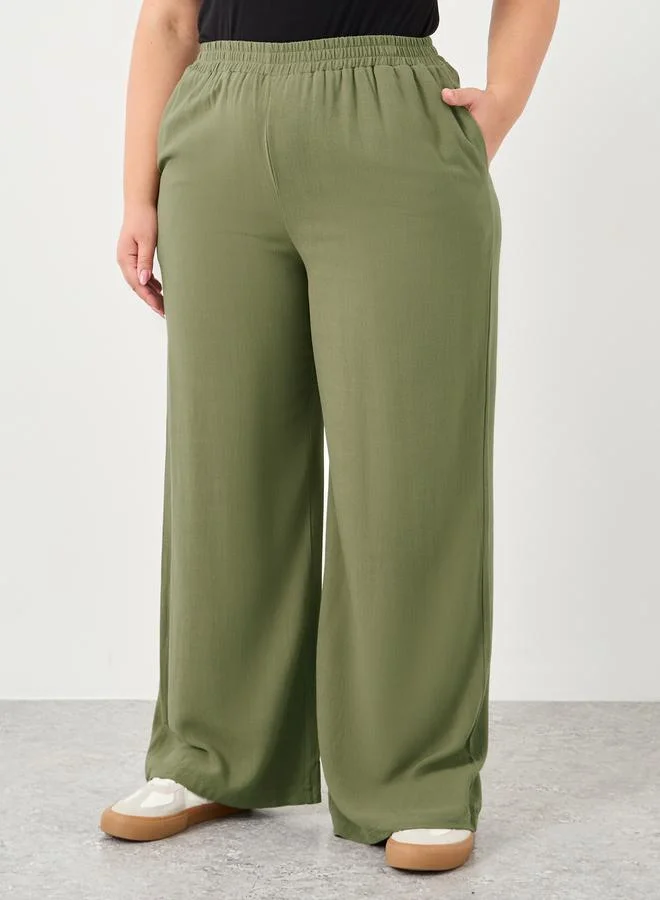 ستايلي Styli Plus Khaki Linen Look Pants with Side Pocket