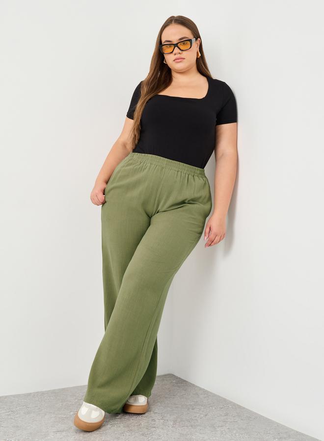 Styli Plus Khaki Linen Look Pants with Side Pocket - Image 1