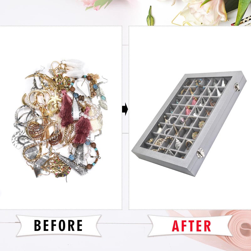 Siveit Jewelry Tray Organizer Box 48 Grid Jewelry Display Organizer Box with Transparent Lid Rings Earrings Necklaces Pendants Display Box Suitable for Women and Girls (48 Grid, Silver Grey) - Image 5