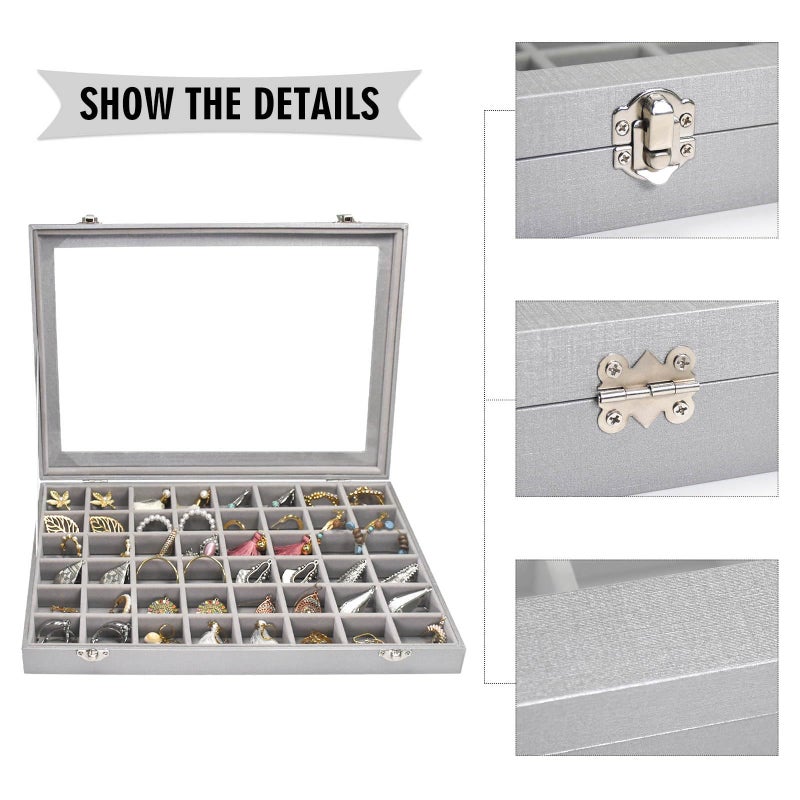 Siveit Jewelry Tray Organizer Box 48 Grid Jewelry Display Organizer Box with Transparent Lid Rings Earrings Necklaces Pendants Display Box Suitable for Women and Girls (48 Grid, Silver Grey) - Image 4