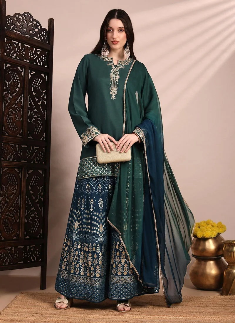 globus Globus Women Green Zari Embroidered Yoke Round Neck Short Kurta With Allover Foil Printed Sharara & Ombre Dupatta Festive Set