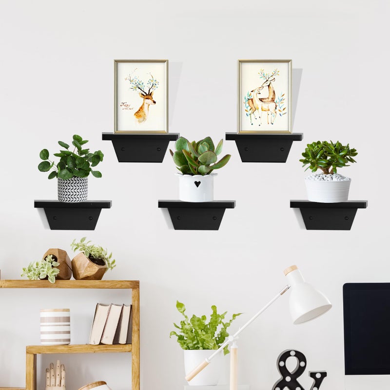 PHOENANCEE Small Floating Shelves,Speaker Shelf,Trapezoid Wall Shelf for Table Lamp Plants Display,Decorative Wood Ledges Chic for Living Room,Bedroom,Kitchen,Office,Pine,8x6 Inch,2 Pack(Black) - Image 4