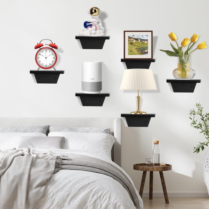 PHOENANCEE Small Floating Shelves,Speaker Shelf,Trapezoid Wall Shelf for Table Lamp Plants Display,Decorative Wood Ledges Chic for Living Room,Bedroom,Kitchen,Office,Pine,8x6 Inch,2 Pack(Black) - Image 3