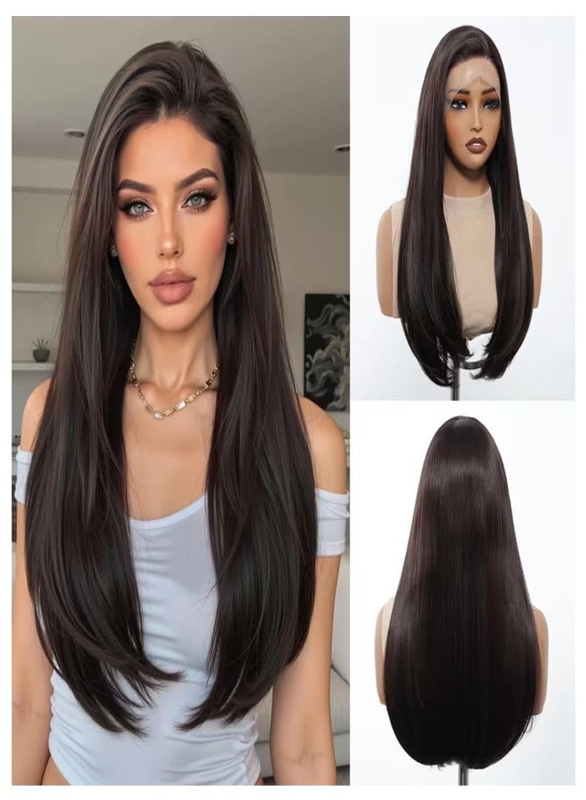 ASSU 13x4 HD Transparent Lace Front Wig for Women | 22 Inch Deep Brown Synthetic Wig | Glueless | Heat-Resistant Fiber | Natural Hairline | Lightweight & Comfortable - Image 1