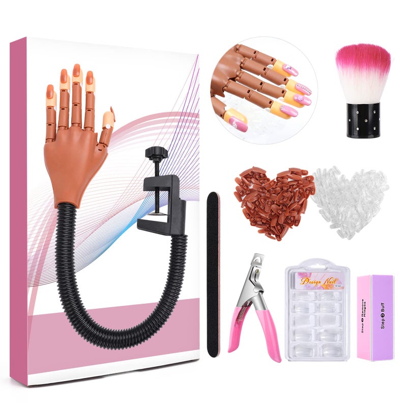 LIONVISON Practice Hand for Acrylic Nails Flexible Nail Practice Hands Training Kits Fake Manican Hands for Nails Practice Movable Nail Maniquin Hand with 300PCS Nail Tips File Brush and Clipper