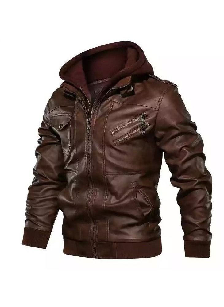 Loquat Men's Standing Collar Casual Hooded Jacket Brown 