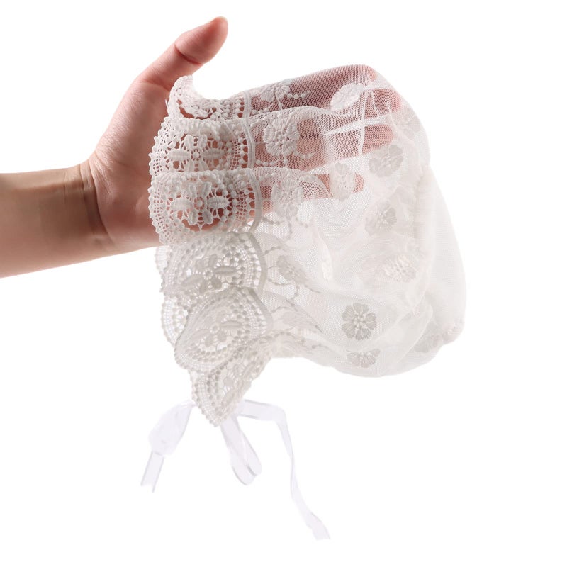 Zsedrut Baby Girl Bonnet Eyelet Lace Cotton Christening Bonnet Toddler Handmade Beanie Sun Protection Hat with Pearl Bow (Small Flowers, 0-3M) - Image 2