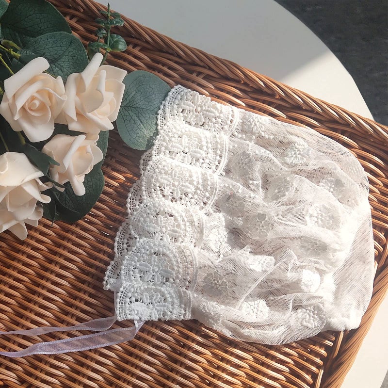 Zsedrut Baby Girl Bonnet Eyelet Lace Cotton Christening Bonnet Toddler Handmade Beanie Sun Protection Hat with Pearl Bow (Small Flowers, 0-3M) - Image 3