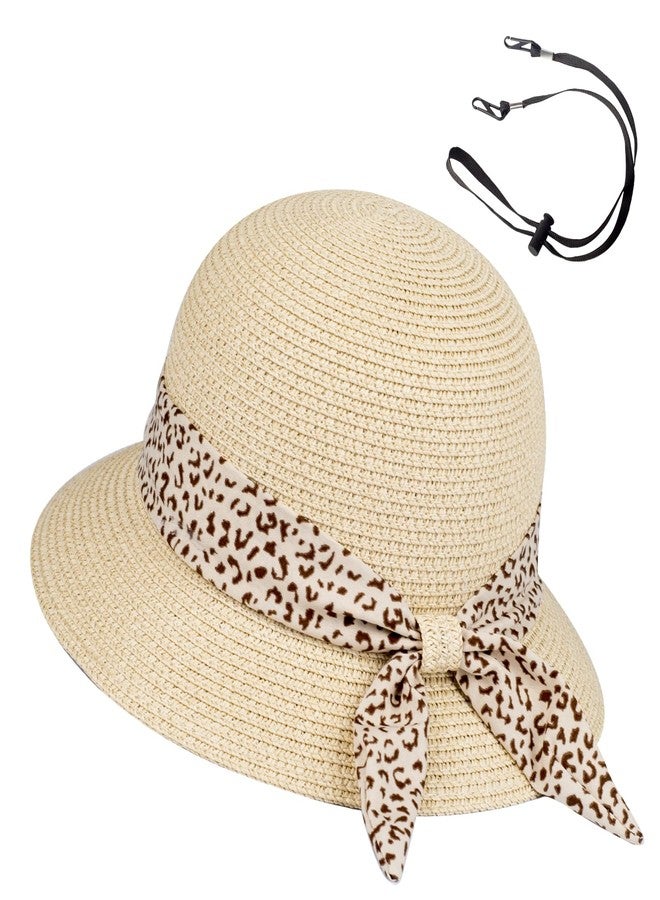 FENELY Girls Sun Straw Hat Kids Summer Beach Packable Hats Cute Floppy Cap Adjustable Size with Chin Strap for 5-10 Years, Beige, One Size - Image 1