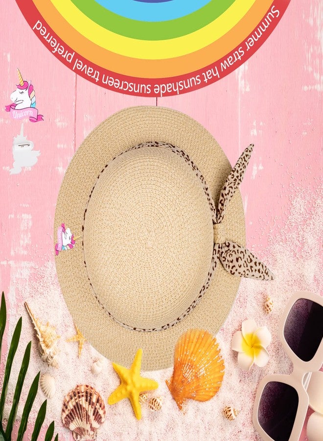 FENELY Girls Sun Straw Hat Kids Summer Beach Packable Hats Cute Floppy Cap Adjustable Size with Chin Strap for 5-10 Years, Beige, One Size - Image 4