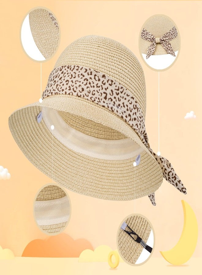 FENELY Girls Sun Straw Hat Kids Summer Beach Packable Hats Cute Floppy Cap Adjustable Size with Chin Strap for 5-10 Years, Beige, One Size - Image 2