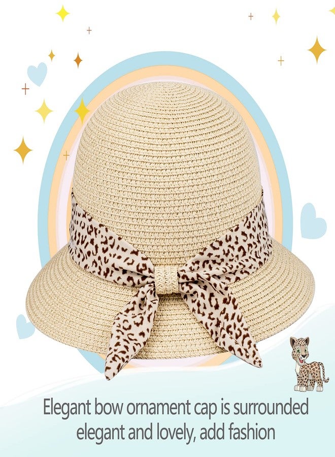 FENELY Girls Sun Straw Hat Kids Summer Beach Packable Hats Cute Floppy Cap Adjustable Size with Chin Strap for 5-10 Years, Beige, One Size - Image 3