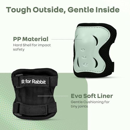 R for Rabbit وسادات حماية آمنة للأطفال من R for Rabbit لحماية الركب والمرفقين والمعصمين خفيفة الوزن وقابلة للتعديل للدراجات والتزلج والرياضات الأخرى غلاف من PP بطانة ناعمة من EVA للأعمار من 6-12 سنوات (أخضر) - Image 3