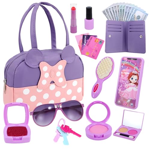 Mytothfy Pretend Play Purse for Little Girls Toddler Purse with Pretend Makeup Toys for Toddlers Princess Pretend Play Purse Toys Kids Purse Toy Birthday Gift for Girls Age 3 4 5 6 Purple - Image 1