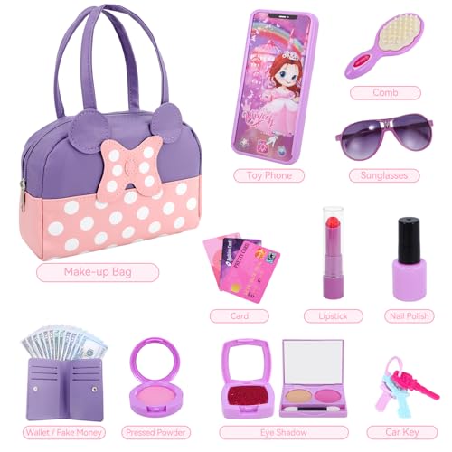 Mytothfy Pretend Play Purse for Little Girls Toddler Purse with Pretend Makeup Toys for Toddlers Princess Pretend Play Purse Toys Kids Purse Toy Birthday Gift for Girls Age 3 4 5 6 Purple - Image 5