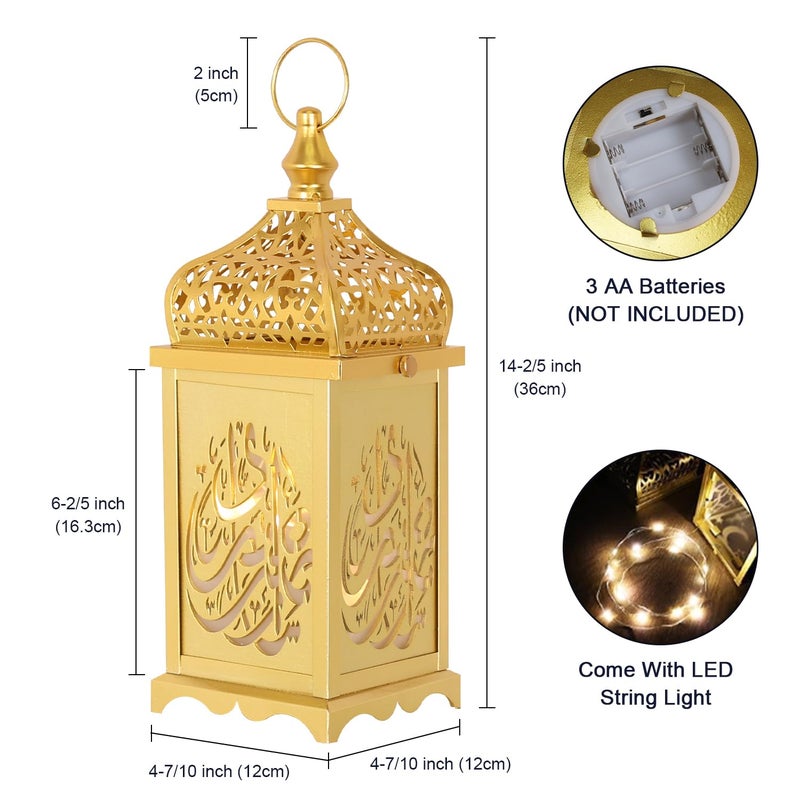 NEEDOMO Ramadan Decorations,14" LED Ramadan Lantern, Ramadan Decorations for Home, Vintage Gold Metal Candle Lantern with Lights, Remadan Decor for Table, Wall, Indoor Outdoor - Image 2