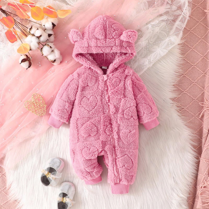 Mieeyali Newborn Baby Girl Warm Clothes Heart Hoodie Romper Ear Zipper Jumpsuit Girls Valentines Day Outfit Fall Winter (Red Heart, 0-3 Months) - Image 2