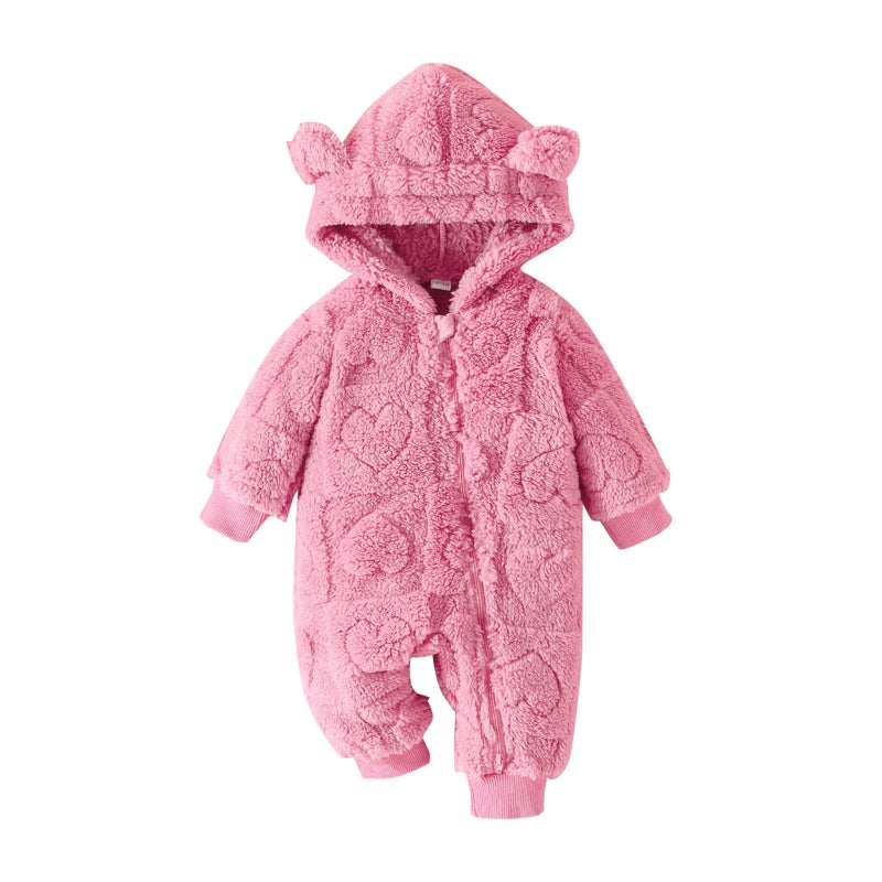 Mieeyali Newborn Baby Girl Warm Clothes Heart Hoodie Romper Ear Zipper Jumpsuit Girls Valentines Day Outfit Fall Winter (Red Heart, 0-3 Months) - Image 1