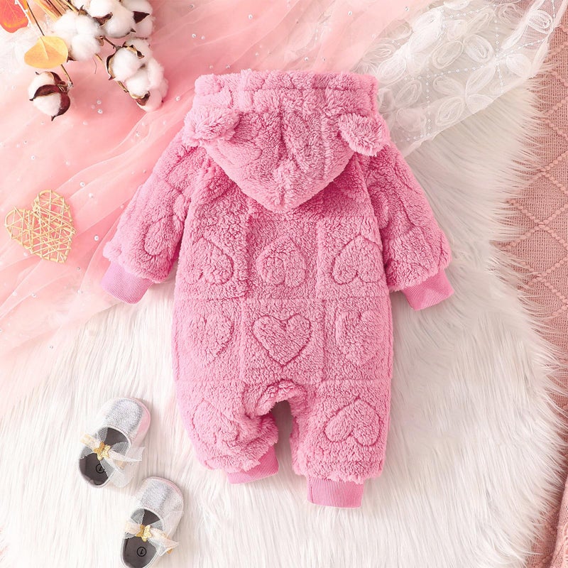 Mieeyali Newborn Baby Girl Warm Clothes Heart Hoodie Romper Ear Zipper Jumpsuit Girls Valentines Day Outfit Fall Winter (Red Heart, 0-3 Months) - Image 3